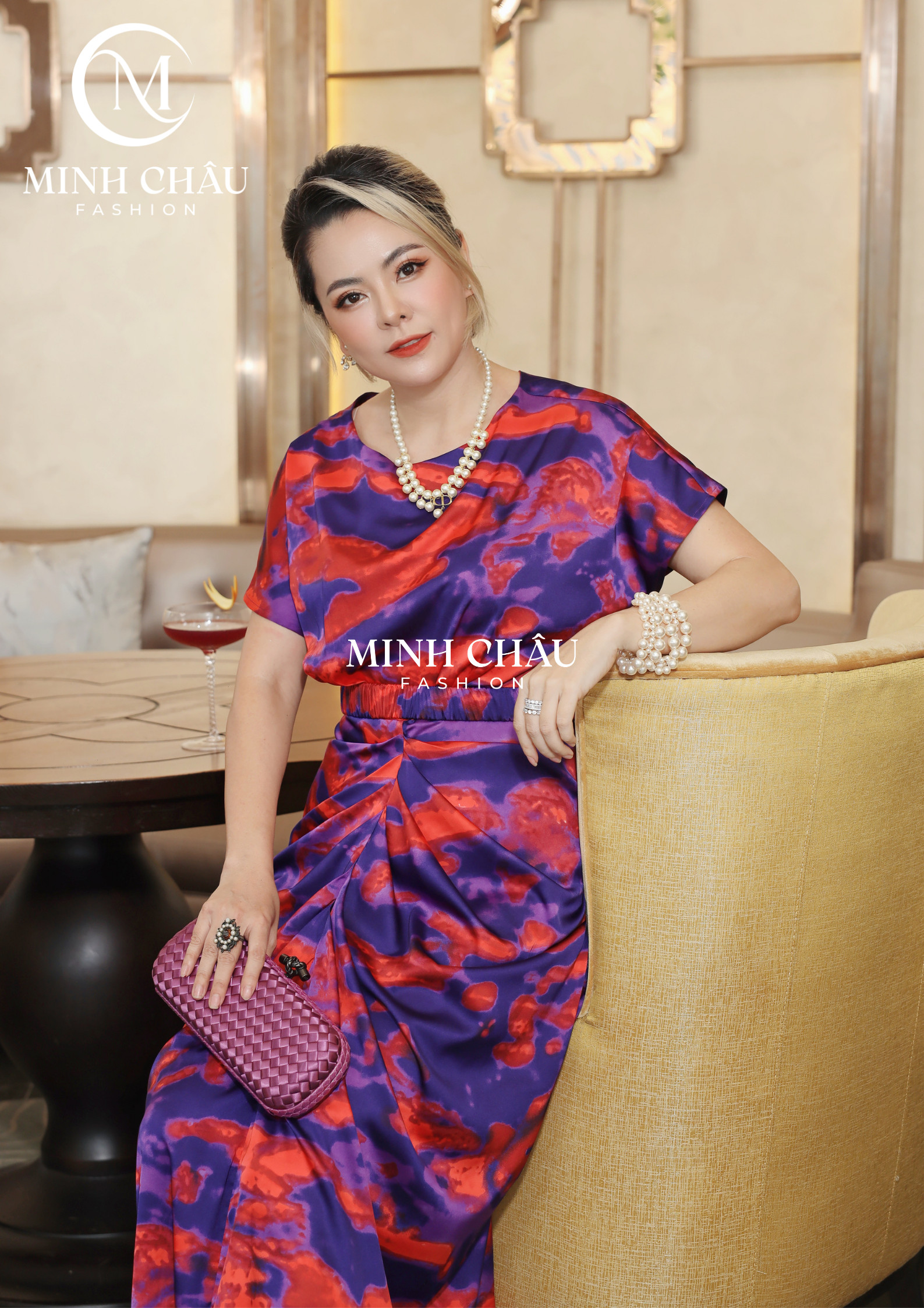Đầm rúm eo tôn dáng màu tím loang