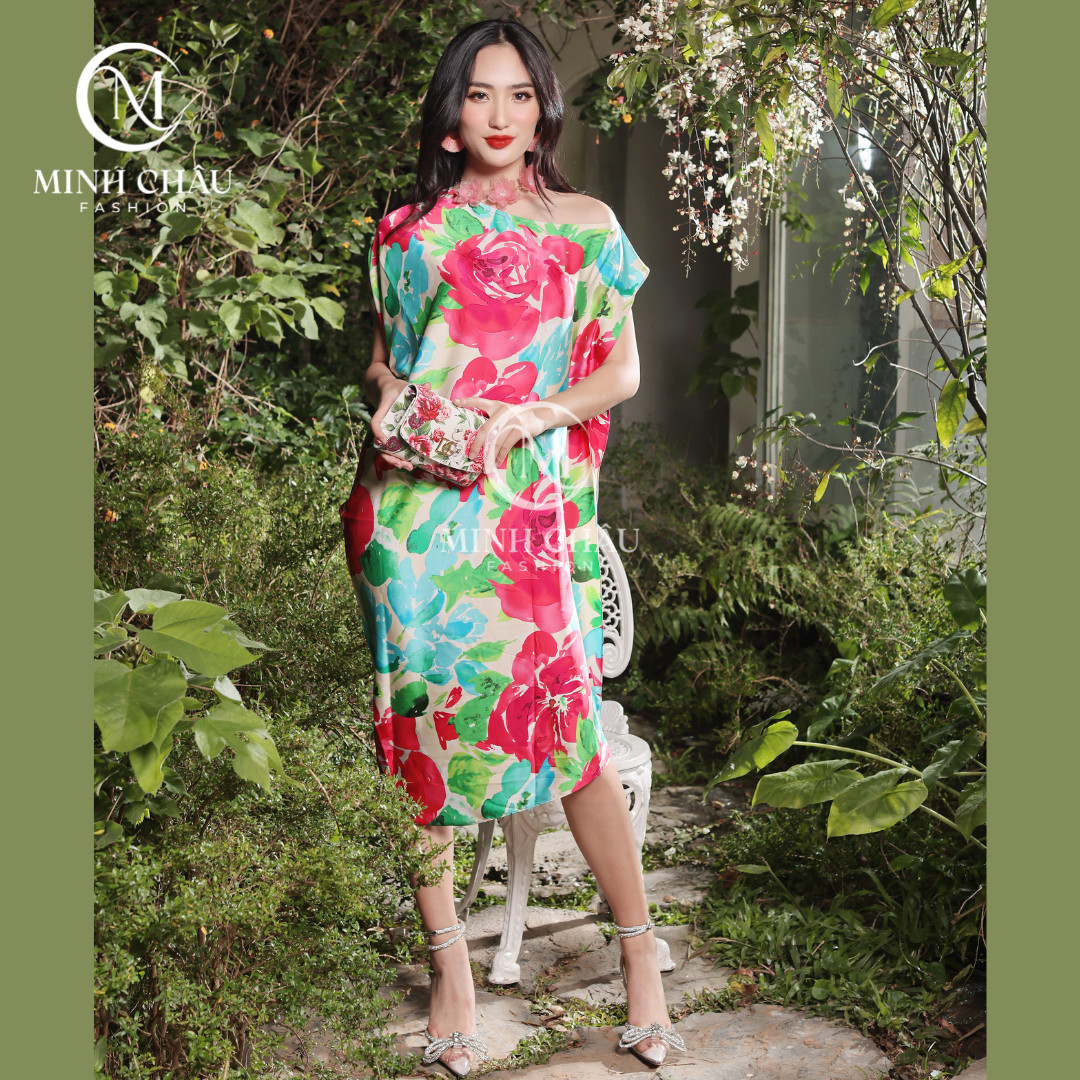 Đầm thiết kế lệch vai hồng xanh
