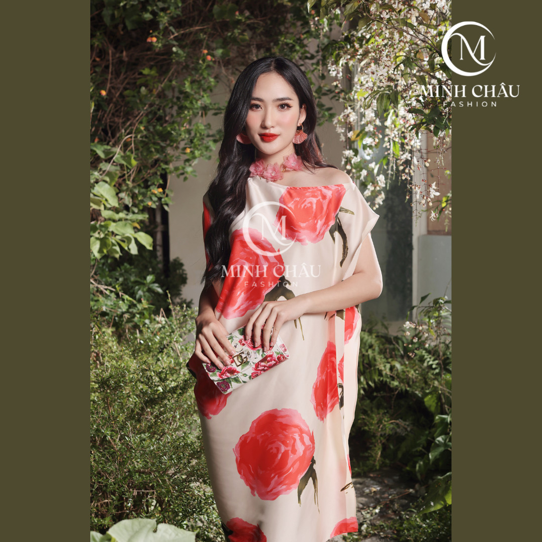đầm thiết kế lệch vai hoa hồng